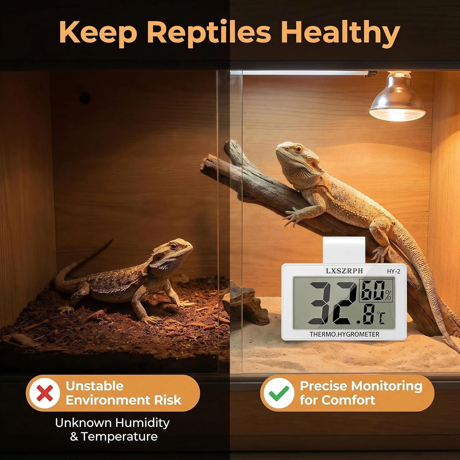 Reptile Hygrometer Thermometer, Digital Amphibian Hygrometer Thermometer with Hook Temperature Humidity Meter Gauge for Reptile Tanks, Terrariums, Vivarium, LCD Display 1Pack