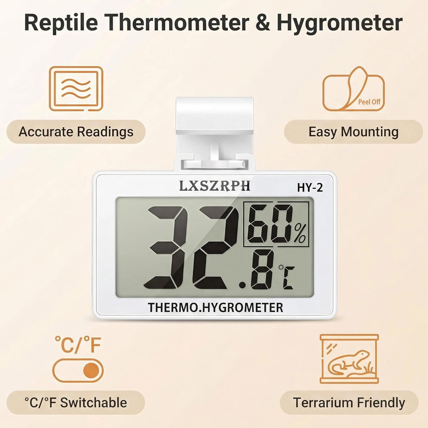 Reptile Hygrometer Thermometer, Digital Amphibian Hygrometer Thermometer with Hook Temperature Humidity Meter Gauge for Reptile Tanks, Terrariums, Vivarium, LCD Display 1Pack